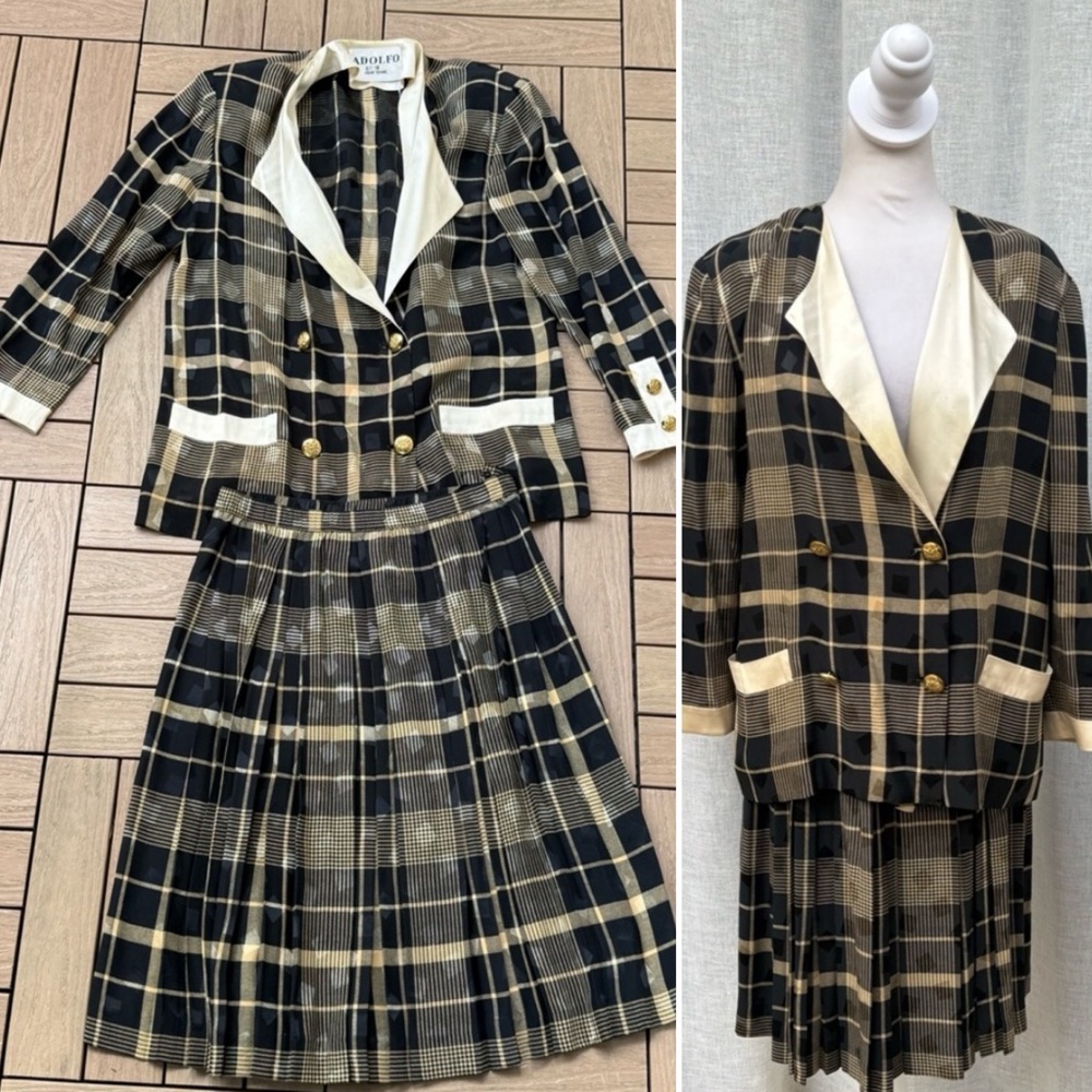 ADOLFO vintage black and ivory silk jacket/skirt plaid brocade ensemble